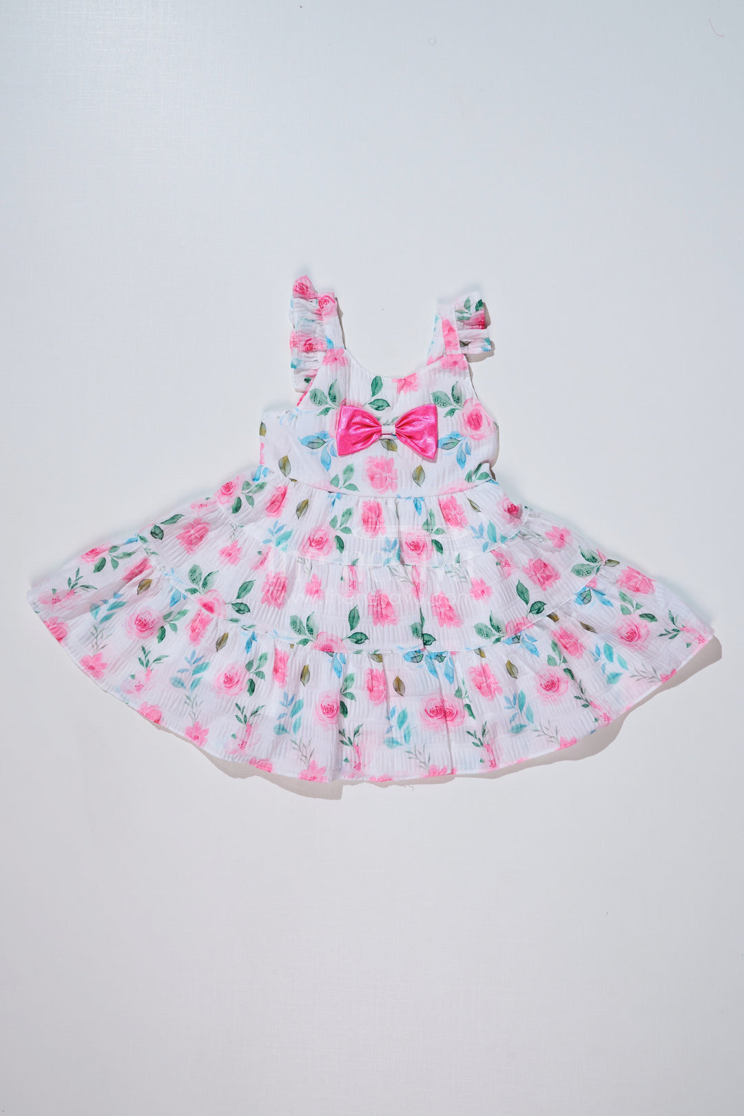 The Nesavu Baby Fancy Frock Baby Girls Frock for Birthday Party in Blended Silk Popcorn Fabric with Floral Print and Satin Bow Nesavu 14 (6M) / Pink BFJ718B-14 Nesavu Baby Girls Frock Birthday Party Blended Silk Popcorn Fabric Floral Print
