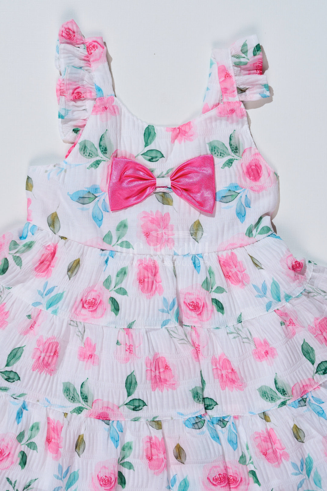 The Nesavu Baby Fancy Frock Baby Girls Frock for Birthday Party in Blended Silk Popcorn Fabric with Floral Print and Satin Bow Nesavu Nesavu Baby Girls Frock Birthday Party Blended Silk Popcorn Fabric Floral Print