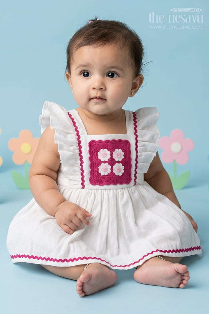 The Nesavu Baby Cotton Frocks Baby Girls Frock Suit White with Embroidered Bodice and Flowy Rayon Skirt for a Classic Look Nesavu 14 (6M) / White BFJ739A-14 Baby Girls Frock Suit White Embroidered Bodice Flowy Rayon Skirt | The Nesavu