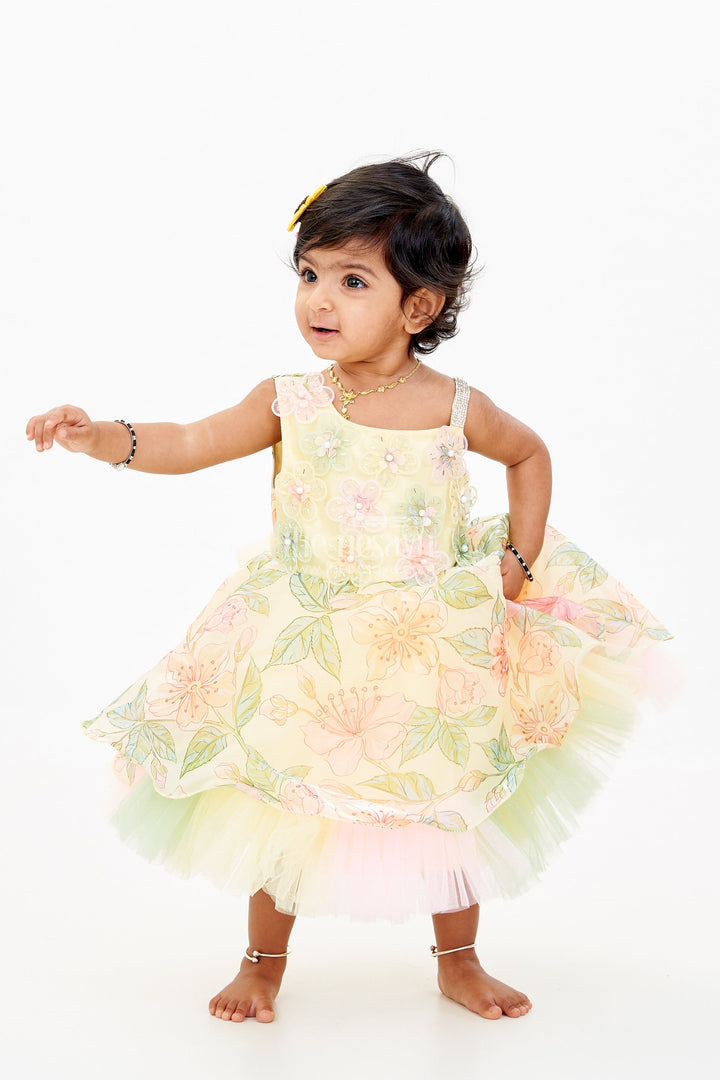 The Nesavu Baby Fancy Frock Baby Girls Gown Frock in Satin Organza with Floral 3D Appliqué and Layered Tulle Skirt Nesavu 16 (1Y) / Yellow PF206A-16 Nesavu Baby Girls Gown Frock Satin Organza 3D Floral Appliqu Layered Tulle