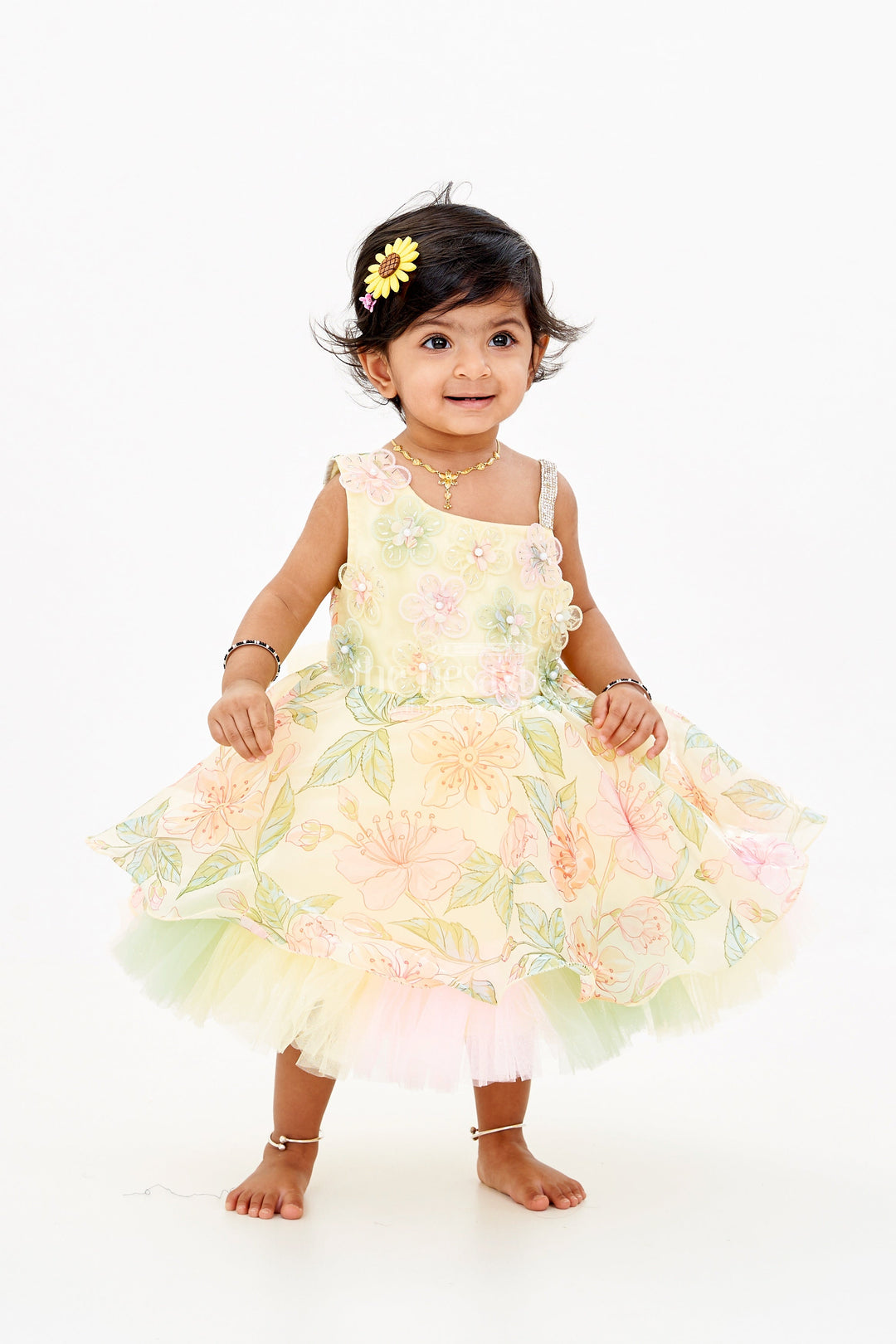 The Nesavu Baby Fancy Frock Baby Girls Gown Frock in Satin Organza with Floral 3D Appliqué and Layered Tulle Skirt Nesavu Nesavu Baby Girls Gown Frock Satin Organza 3D Floral Appliqu Layered Tulle