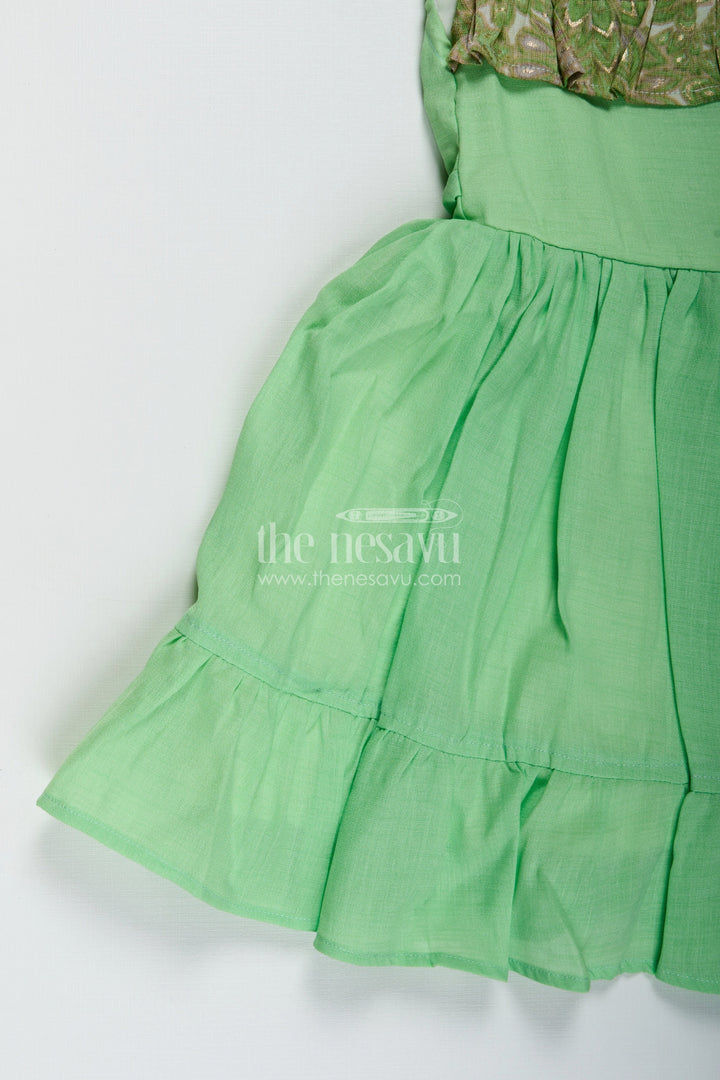 The Nesavu Girls Cotton Frock Baby Girls Green Cotton Frock Printed Ruffle Yoke Dress for Birthdays Nesavu Nesavu Green Frock Baby Girls Cotton Dress Printed Ruffle Yoke Birthdays