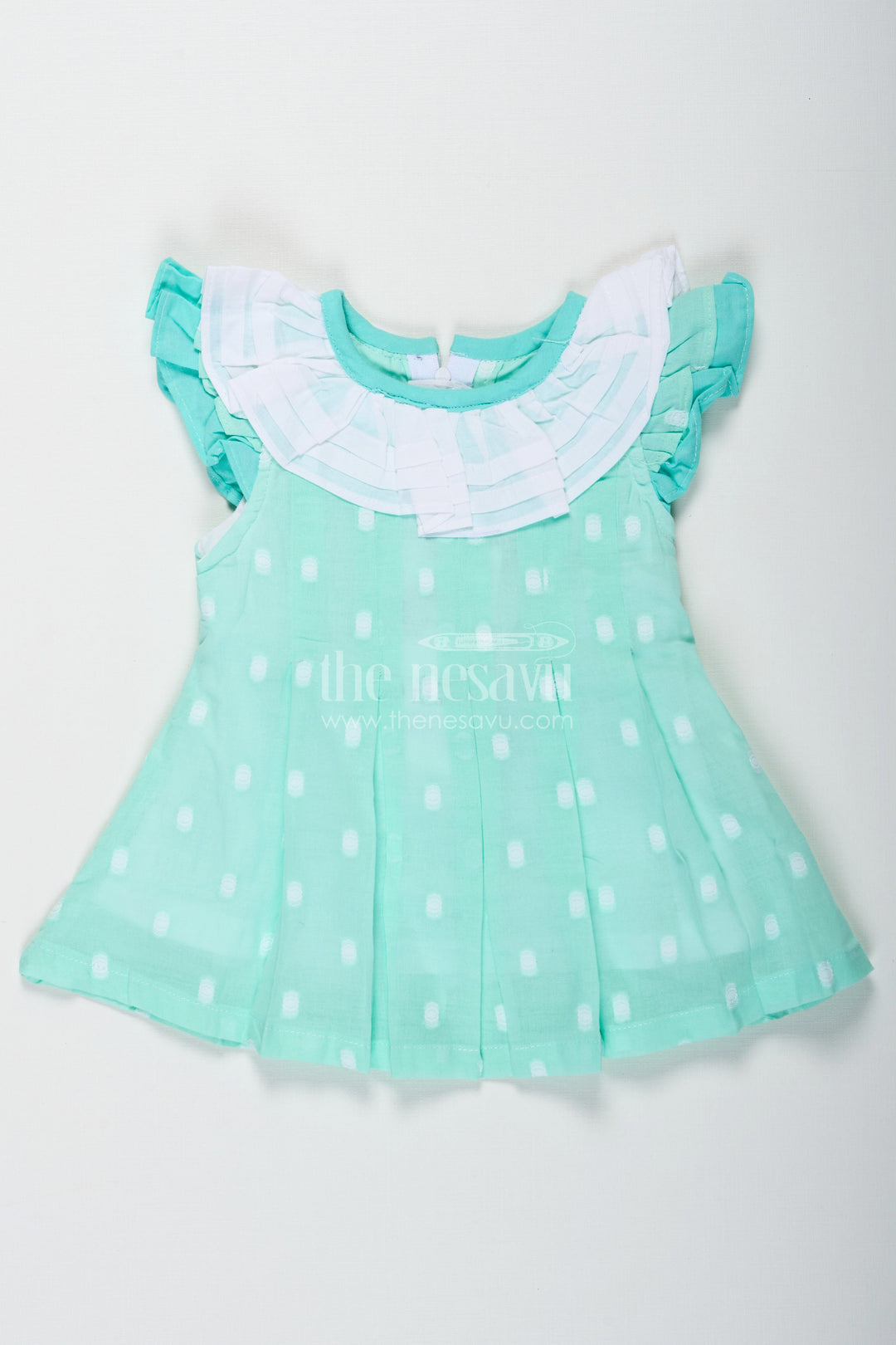 The Nesavu Baby Cotton Frocks Baby Girls Green Short Dress in Cotton with Layered Ruffle Yoke and Puff Sleeves Nesavu 12 (3M) / Green BFJ747A-12 Nesavu Baby Girls Green Cotton Short Dress Ruffle Yoke Matching Bloomers