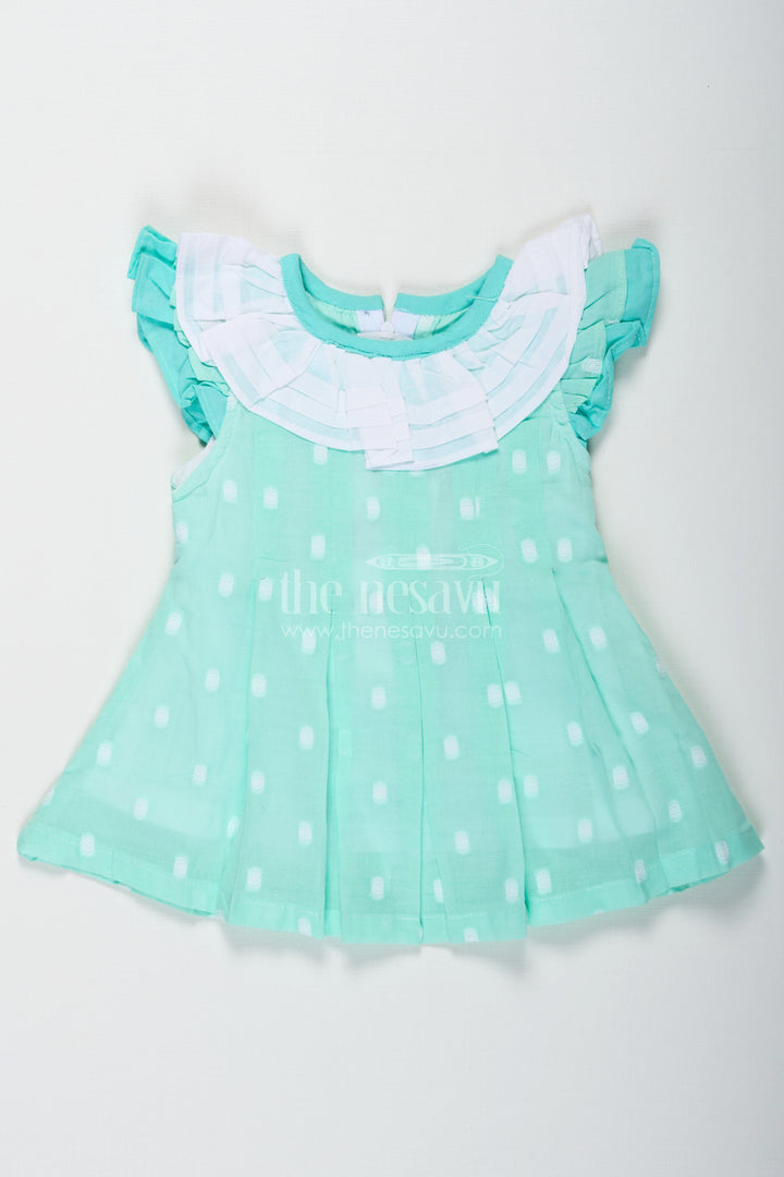 The Nesavu Baby Cotton Frocks Baby Girls Green Short Dress in Cotton with Layered Ruffle Yoke and Puff Sleeves Nesavu 12 (3M) / Green BFJ747A-12 Nesavu Baby Girls Green Cotton Short Dress Ruffle Yoke Matching Bloomers