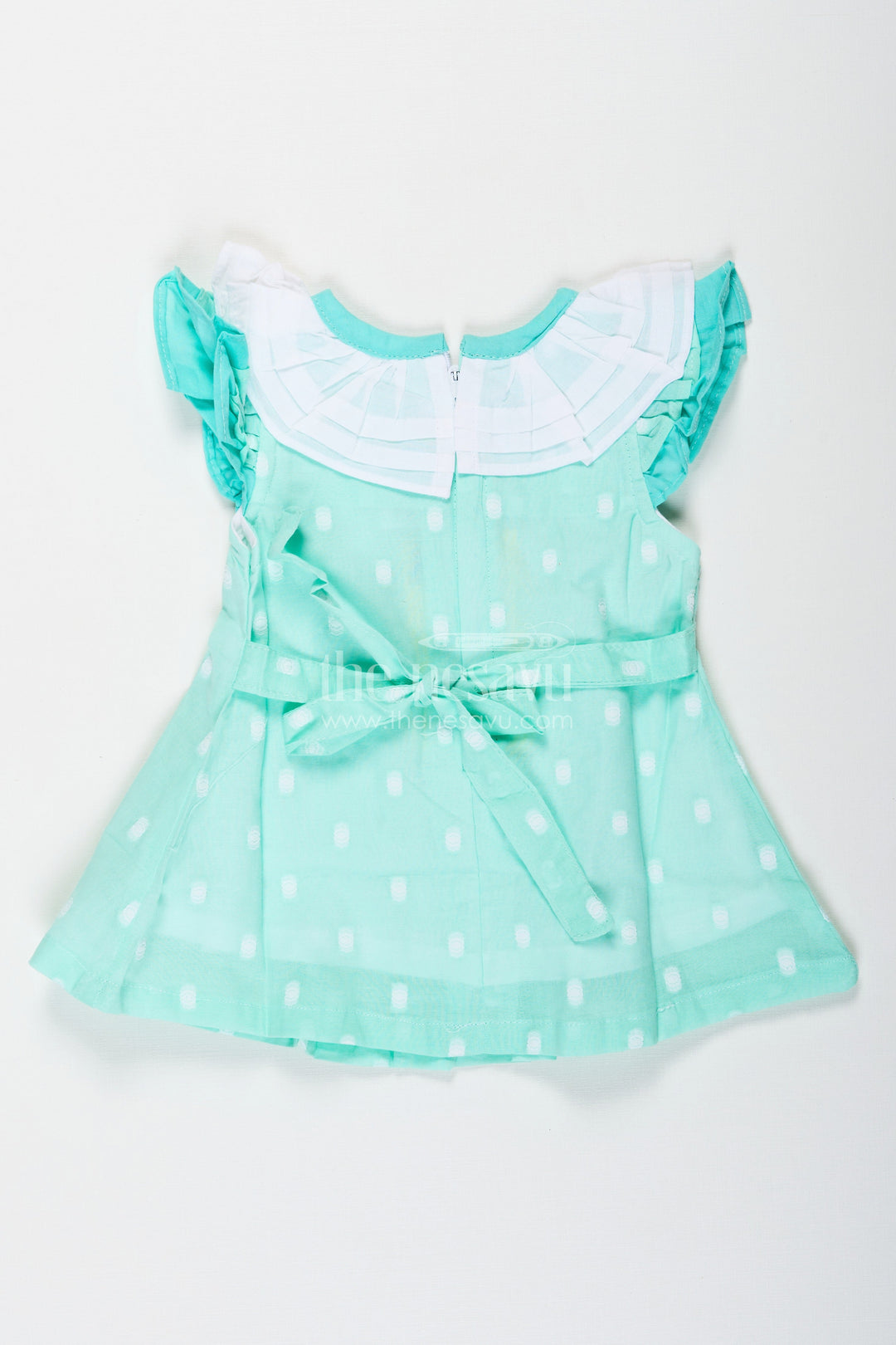 The Nesavu Baby Cotton Frocks Baby Girls Green Short Dress in Cotton with Layered Ruffle Yoke and Puff Sleeves Nesavu Nesavu Baby Girls Green Cotton Short Dress Ruffle Yoke Matching Bloomers