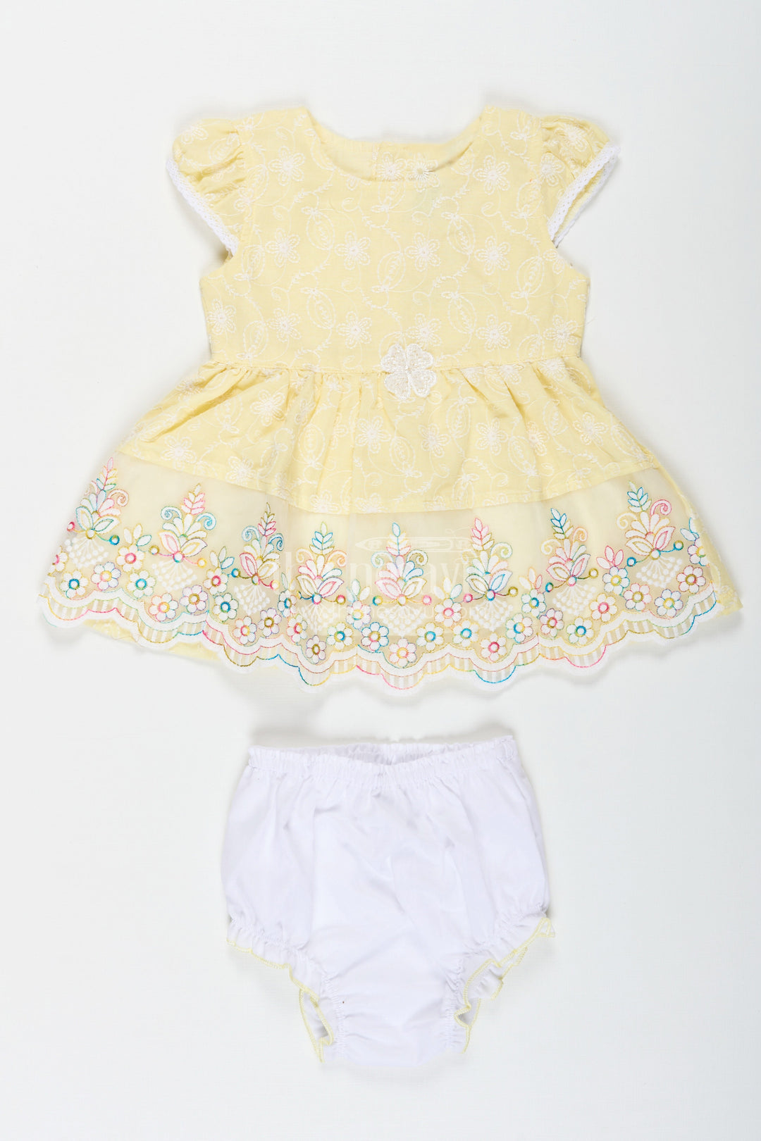 The Nesavu Baby Cotton Frocks Baby Girls Latest Cotton Frock in Chikan Embroidery with Floral Lace Border and Matching Bloomer Nesavu 18 (2Y) / Yellow BFJ744A-18 Nesavu Baby Girls Latest Cotton Frock Chikan Embroidery Matching Bloomer