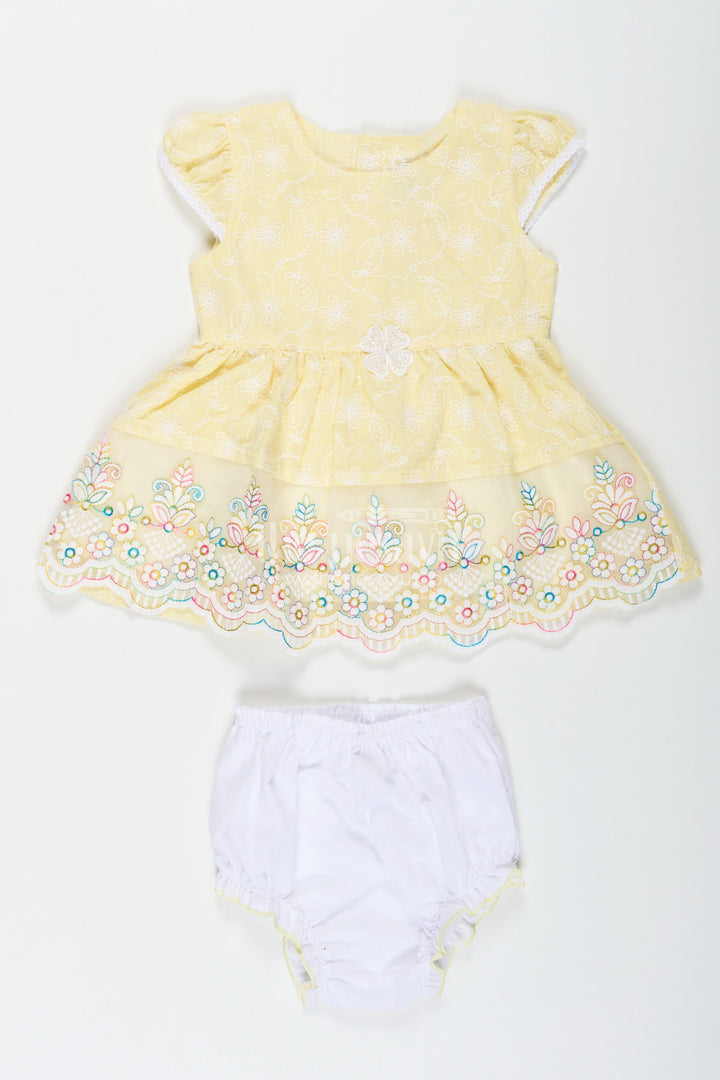 The Nesavu Baby Cotton Frocks Baby Girls Latest Cotton Frock in Chikan Embroidery with Floral Lace Border and Matching Bloomer Nesavu 18 (2Y) / Yellow BFJ744A-18 Nesavu Baby Girls Latest Cotton Frock Chikan Embroidery Matching Bloomer