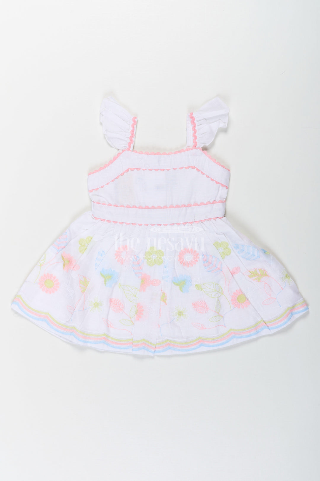 The Nesavu Baby Cotton Frocks Baby Girls Latest Design Frock in White Cotton with Embroidered Floral Hem Nesavu 14 (6M) / White BFJ768A-14 Nesavu Latest Design Frock Baby Girls White Cotton Embroidered Floral Hem