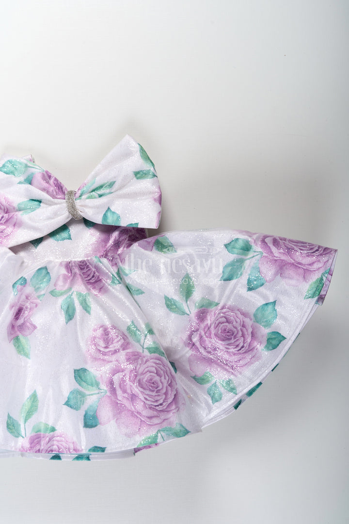 The Nesavu Baby Fancy Frock Baby Girls Lavender Party Dress in Organza Shimmer with Digital Floral Print and Bow Accent Nesavu Nesavu Baby Girls Lavender Party Dress Organza Shimmer Digital Floral Print Bow
