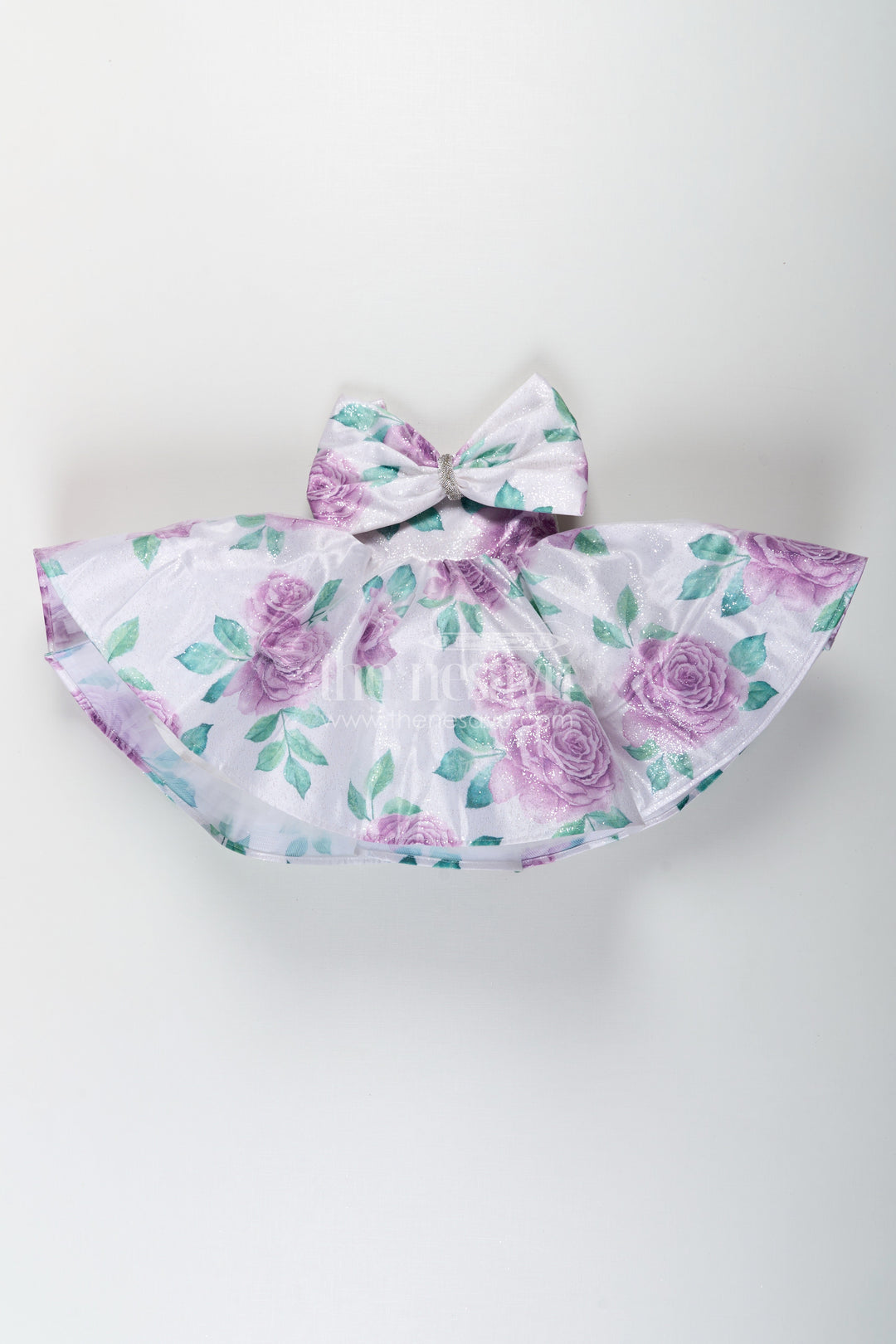 The Nesavu Baby Fancy Frock Baby Girls Lavender Party Dress in Organza Shimmer with Digital Floral Print and Bow Accent Nesavu Nesavu Baby Girls Lavender Party Dress Organza Shimmer Digital Floral Print Bow