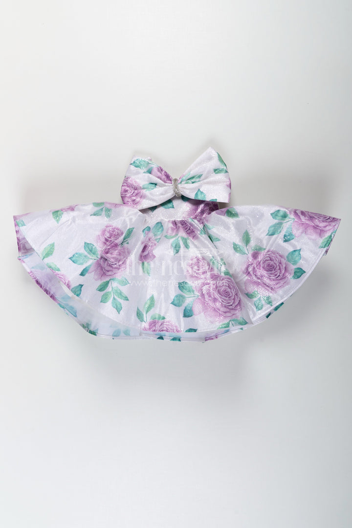 The Nesavu Baby Fancy Frock Baby Girls Lavender Party Dress in Organza Shimmer with Digital Floral Print and Bow Accent Nesavu Nesavu Baby Girls Lavender Party Dress Organza Shimmer Digital Floral Print Bow