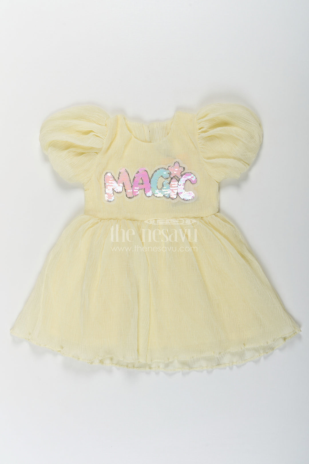 The Nesavu Baby Fancy Frock Baby Girls Light Green Dress in Chinon Chiffon with Puff Sleeves and Magic Sequin Embroidery Nesavu 14 (6M) / Yellow BFJ758B-14 Nesavu Baby Girls Light Green Dress Chinon Chiffon Sequin Magic Embroidery