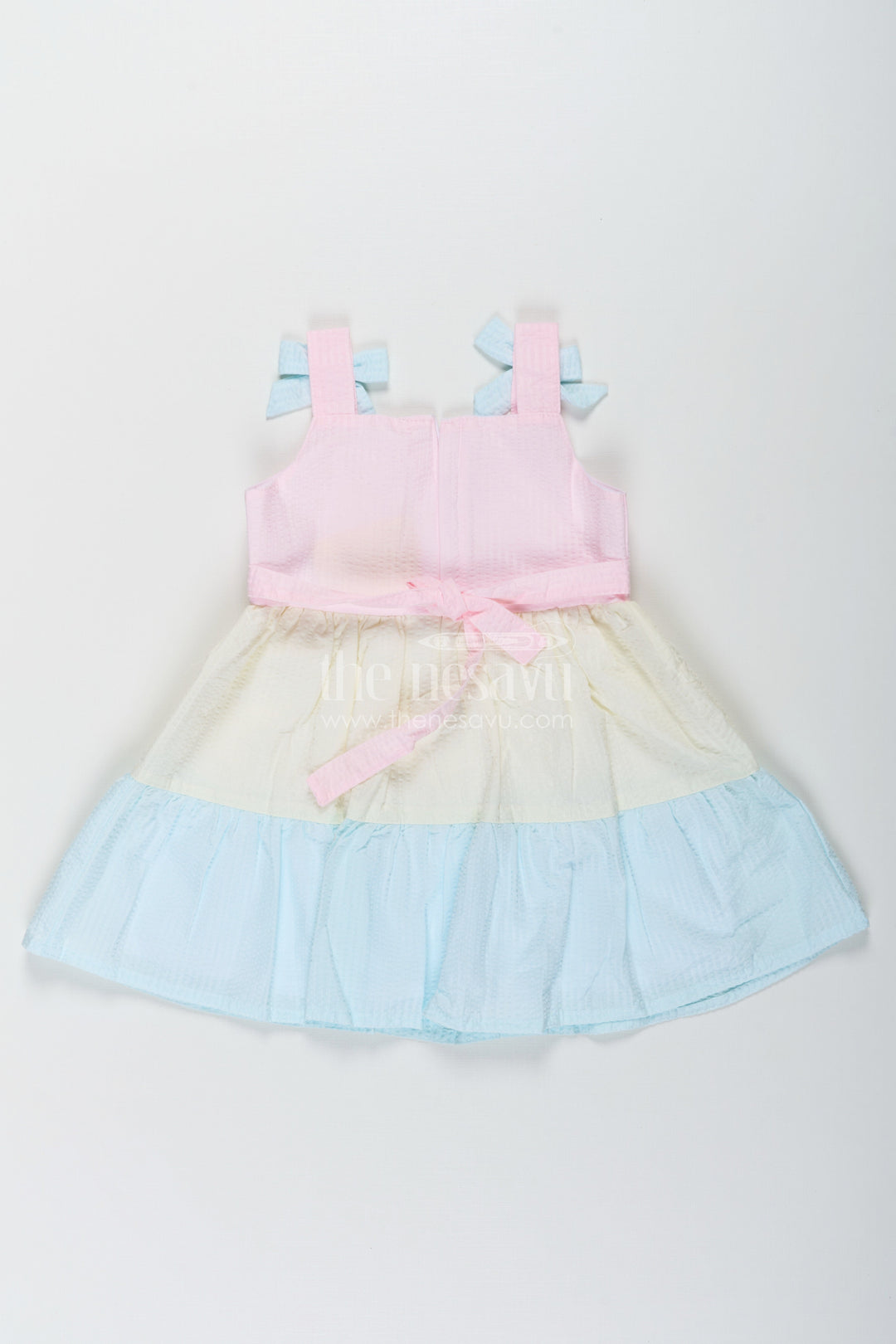 The Nesavu Baby Cotton Frocks Baby Girls Modern Short Frock in Cotton with Pastel Color Blocks and Bow Details Nesavu Nesavu Baby Girls Modern Short Frock Cotton Pastel Color Blocks Bow Details