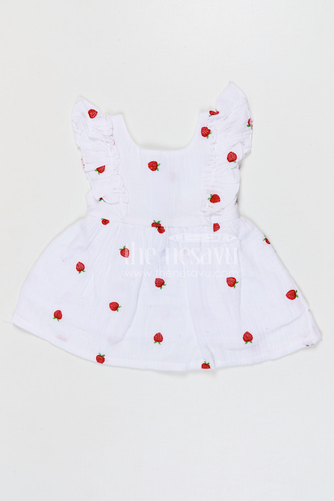 The Nesavu Baby Cotton Frocks Baby Girls Muslin Cotton Embroidered Frock with Cute Strawberry Design Nesavu 14 (6M) / Half white / Muslin Cotton BFJ965A-14 Nesavu baby girls muslin cotton embroidered frock with strawberry design for summer wear