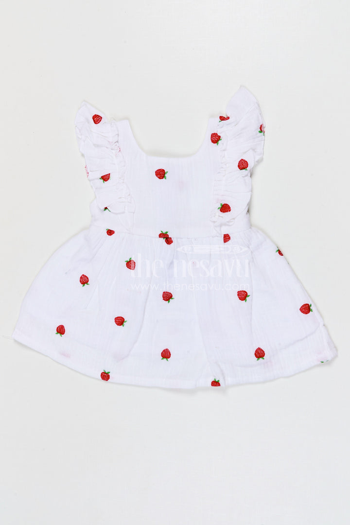 The Nesavu Baby Cotton Frocks Baby Girls Muslin Cotton Embroidered Frock with Cute Strawberry Design Nesavu 14 (6M) / Half white / Muslin Cotton BFJ965A-14 Nesavu baby girls muslin cotton embroidered frock with strawberry design for summer wear