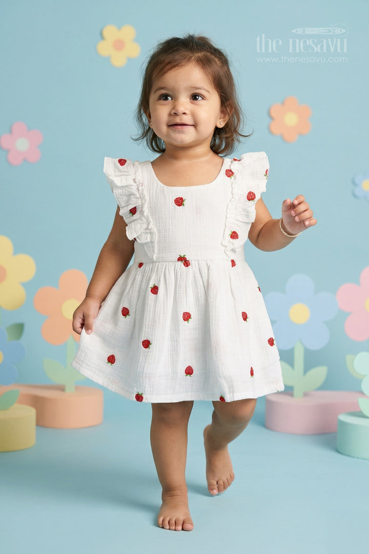 The Nesavu Baby Cotton Frocks Baby Girls Muslin Cotton Embroidered Frock with Cute Strawberry Design Nesavu 14 (6M) / Half white / Muslin Cotton BFJ965A-14 Nesavu baby girls muslin cotton embroidered frock with strawberry design for summer wear
