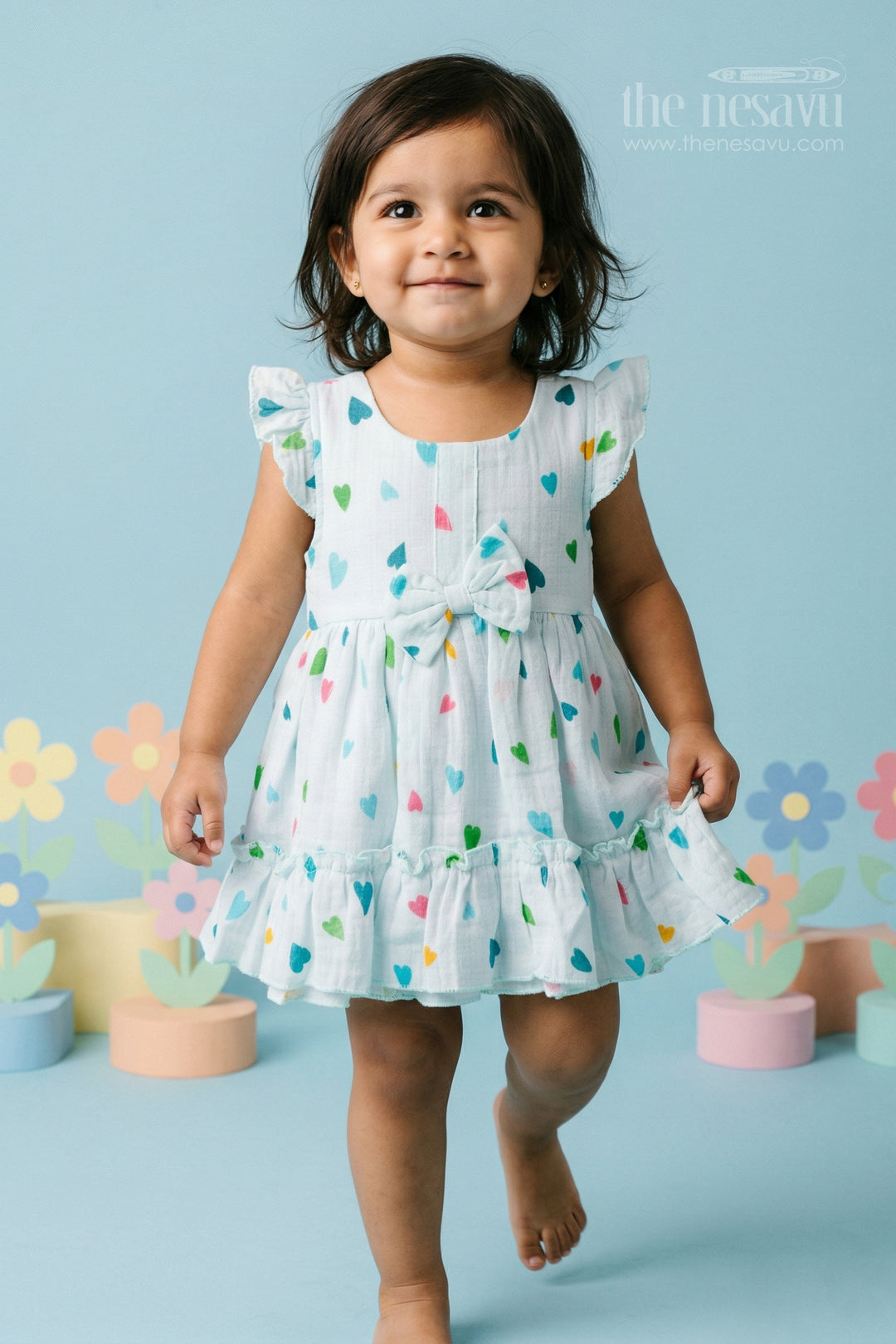The Nesavu Baby Cotton Frocks Baby Girls Muslin Cotton Floral Printed Frock with Bow Detail Nesavu 14 (6M) / Blue / Muslin Cotton BFJ970B-14 Nesavu baby girls muslin cotton floral printed frock with bow for summer baby wear