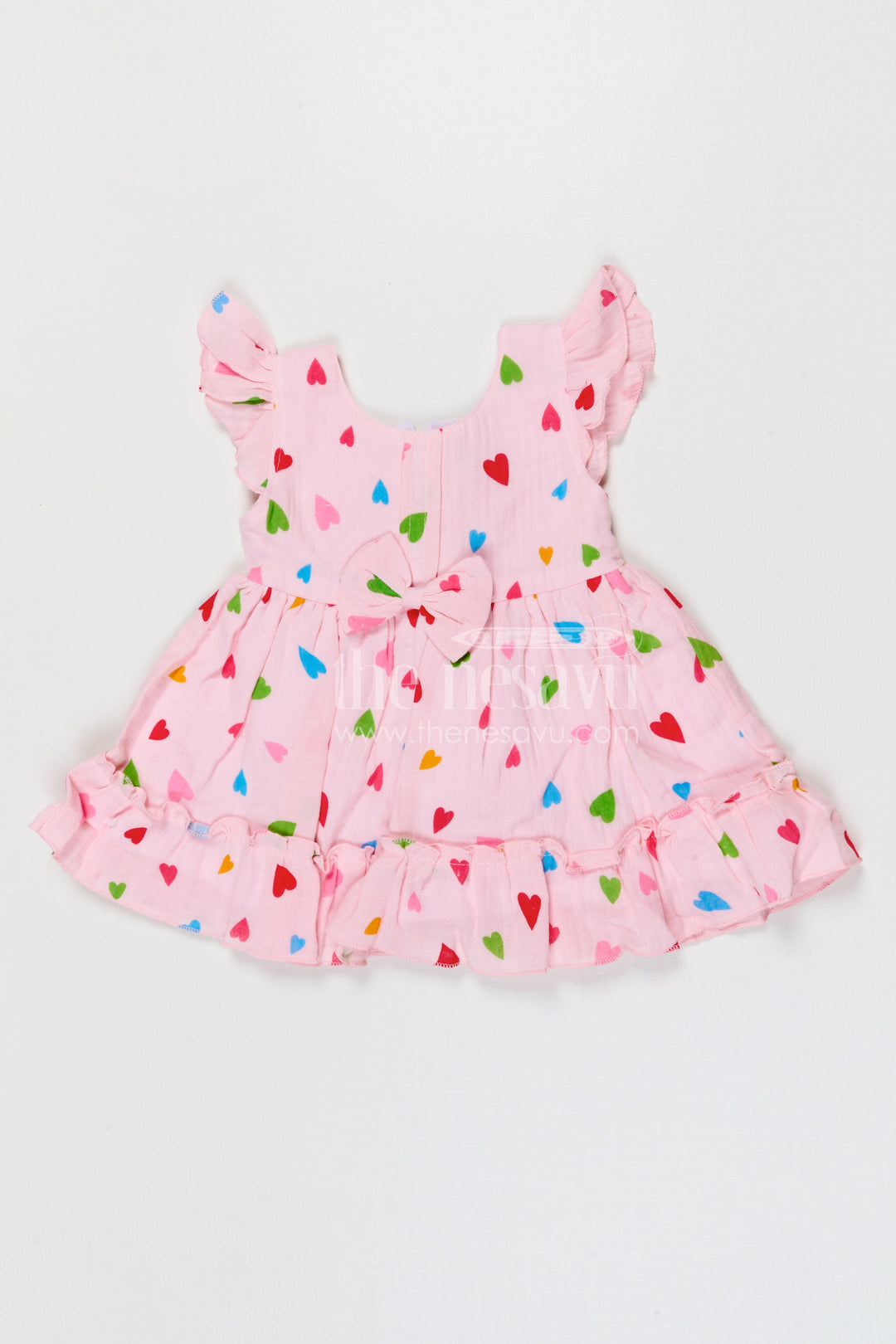 The Nesavu Baby Cotton Frocks Baby Girls Muslin Cotton Heart Print Frock with Bow Detail Nesavu 14 (6M) / Pink / Muslin Cotton BFJ970A-14 Nesavu baby girls muslin cotton heart printed frock with bow for cute baby fashion