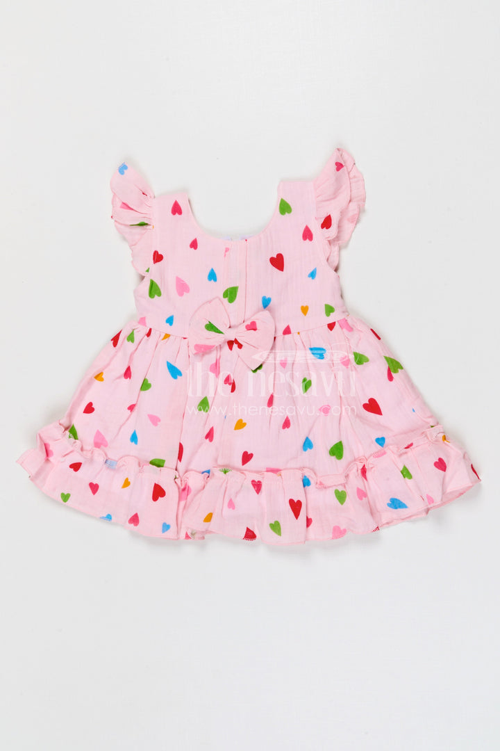 The Nesavu Baby Cotton Frocks Baby Girls Muslin Cotton Heart Print Frock with Bow Detail Nesavu 14 (6M) / Pink / Muslin Cotton BFJ970A-14 Nesavu baby girls muslin cotton heart printed frock with bow for cute baby fashion