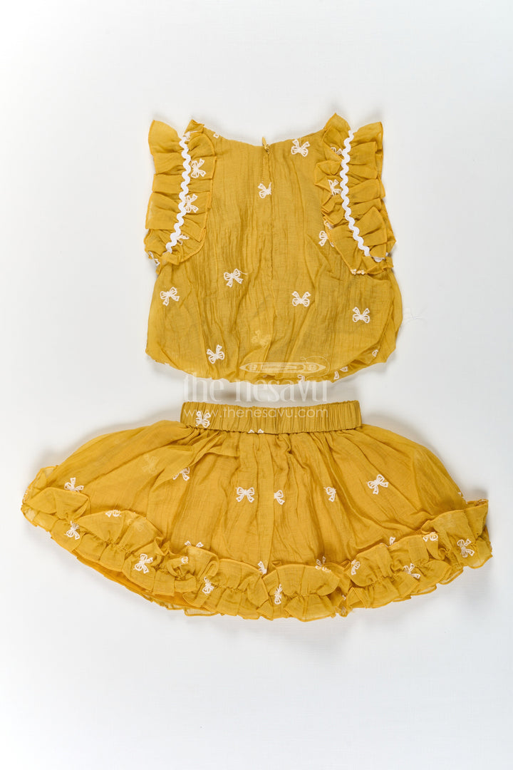 The Nesavu Baby Cotton Frocks Baby Girls Mustard Embroidered Dress with Thread Work and Ruffled Sleeves for Everyday Comfort Nesavu Nesavu Baby Girls Mustard Yellow Cotton Embroidered Dress Ruffles Thread Work Details