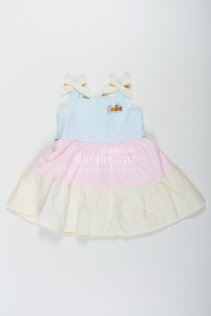 The Nesavu Baby Cotton Frocks Baby Girls New Party Frock in Cotton with Tiered Pastel Layers and Bow Accents Nesavu 16 (1Y) / Multicolor BFJ745B-16 Nesavu Baby Girls New Party Frock Cotton Tiered Pastel Layers Bow Accents