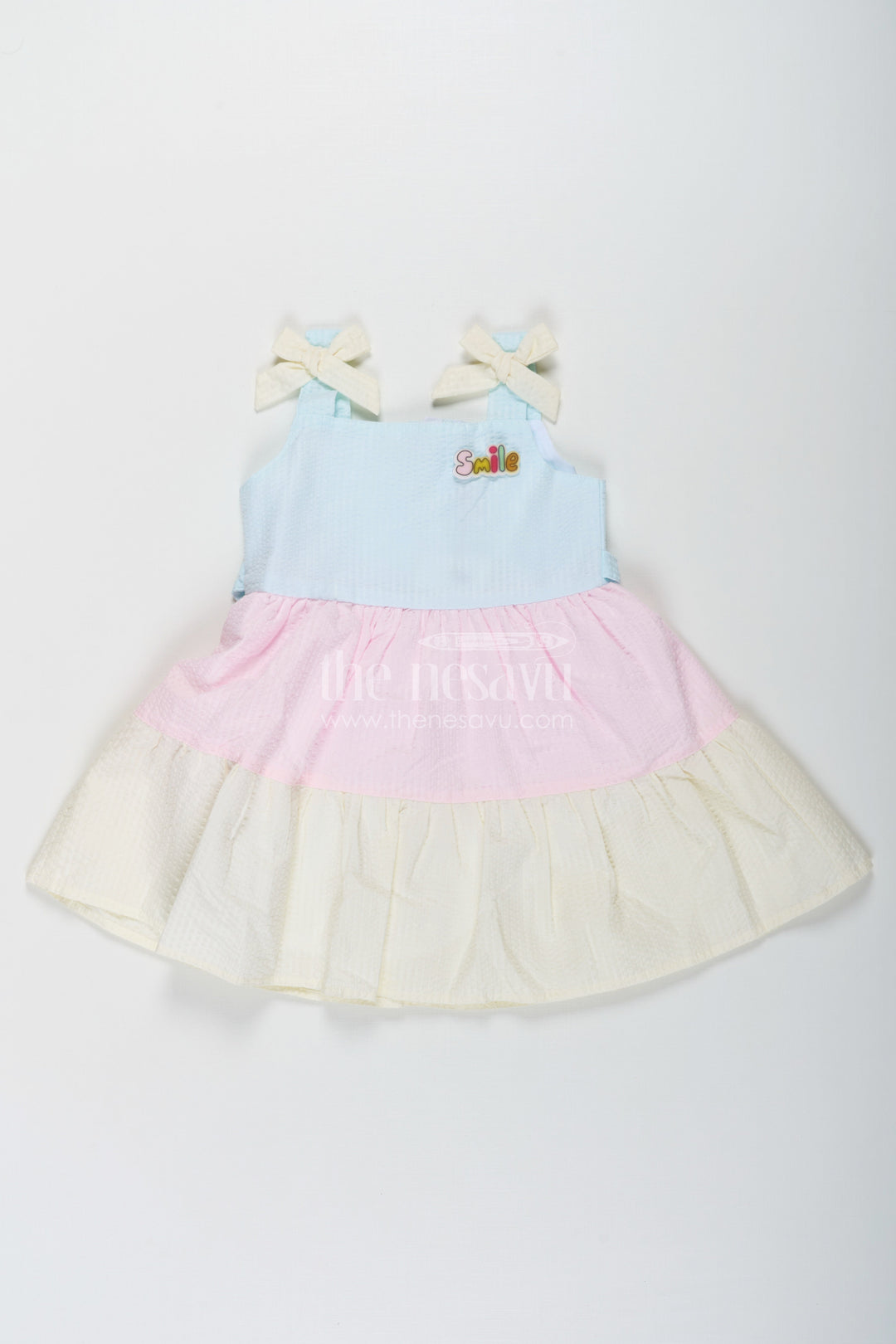 The Nesavu Baby Cotton Frocks Baby Girls New Party Frock in Cotton with Tiered Pastel Layers and Bow Accents Nesavu 16 (1Y) / Multicolor BFJ745B-16 Nesavu Baby Girls New Party Frock Cotton Tiered Pastel Layers Bow Accents