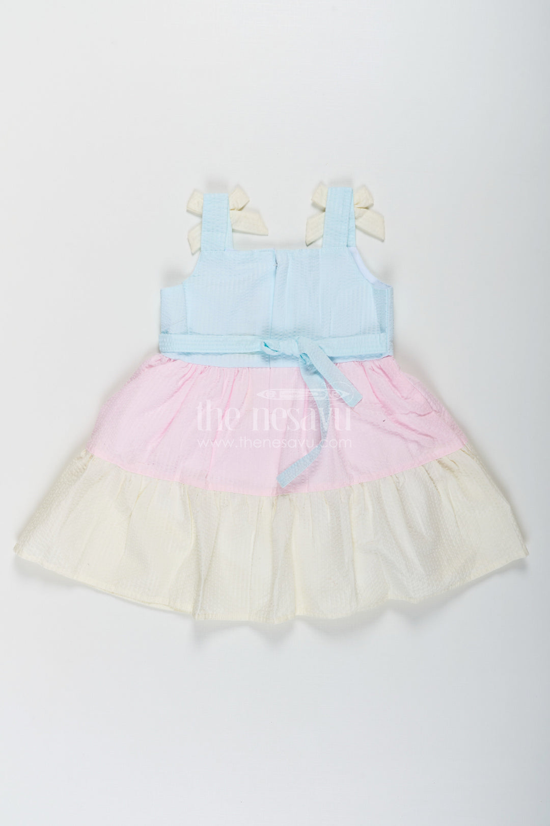 The Nesavu Baby Cotton Frocks Baby Girls New Party Frock in Cotton with Tiered Pastel Layers and Bow Accents Nesavu Nesavu Baby Girls New Party Frock Cotton Tiered Pastel Layers Bow Accents