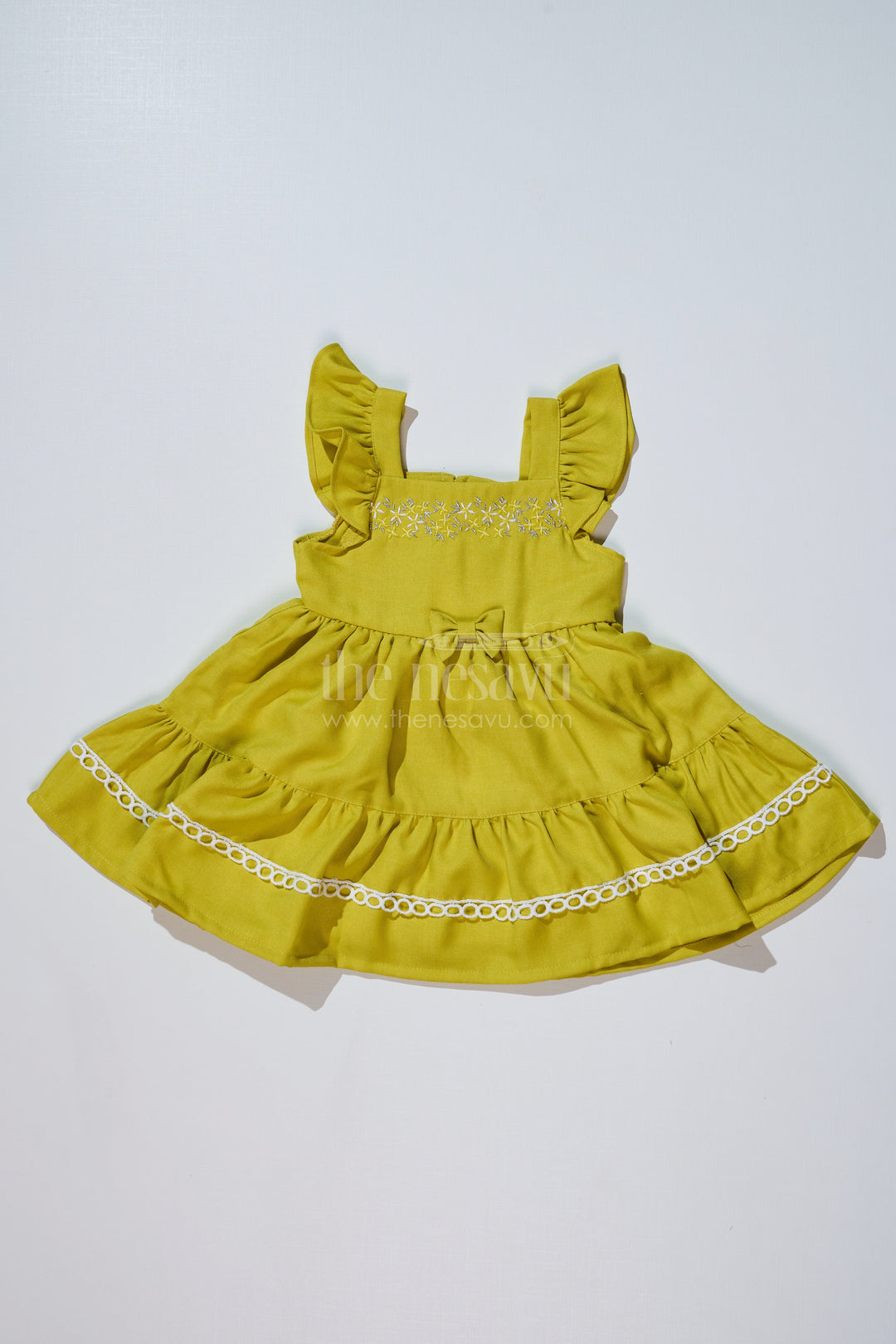 The Nesavu Baby Cotton Frocks Baby Girls Normal Frock in Blend Silk with Embroidery and Ruffled Sleeves for Elegant Occasions Nesavu 14 (6M) / Green BFJ636C-14 Nesavu Baby Girls Normal Frock Blend Silk Embroidery Ruffled Sleeves
