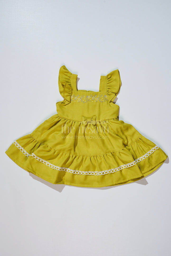 The Nesavu Baby Cotton Frocks Baby Girls Normal Frock in Blend Silk with Embroidery and Ruffled Sleeves for Elegant Occasions Nesavu 14 (6M) / Green BFJ636C-14 Nesavu Baby Girls Normal Frock Blend Silk Embroidery Ruffled Sleeves