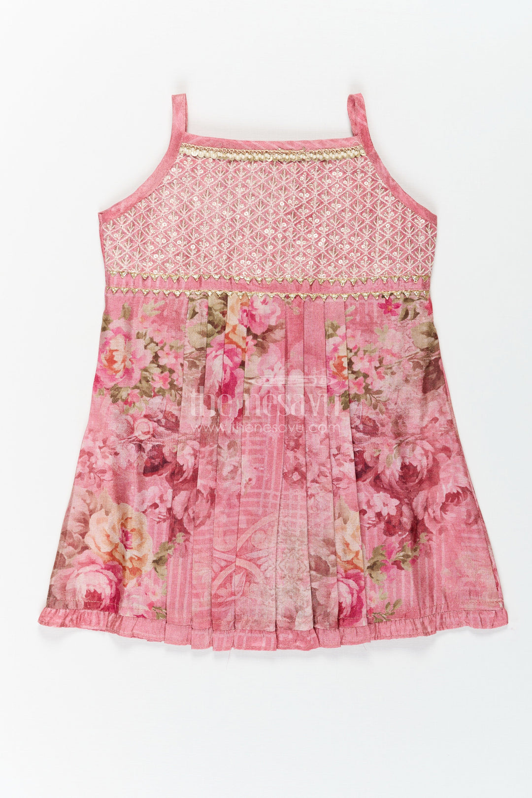The Nesavu Baby Fancy Frock Baby Girls Outfits in Rose Print with Sequin Embroidered Yoke and Delicate Shoulder Straps Nesavu 14 (6M) / Pink BFJ772B-14 Nesavu Baby Outfits Rose Floral Dress with Gold Sequin Yoke and Soft Tissue Fabric for Girls