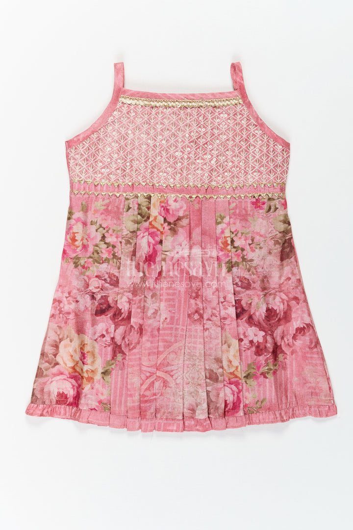 The Nesavu Baby Fancy Frock Baby Girls Outfits in Rose Print with Sequin Embroidered Yoke and Delicate Shoulder Straps Nesavu 14 (6M) / Pink BFJ772B-14 Nesavu Baby Outfits Rose Floral Dress with Gold Sequin Yoke and Soft Tissue Fabric for Girls