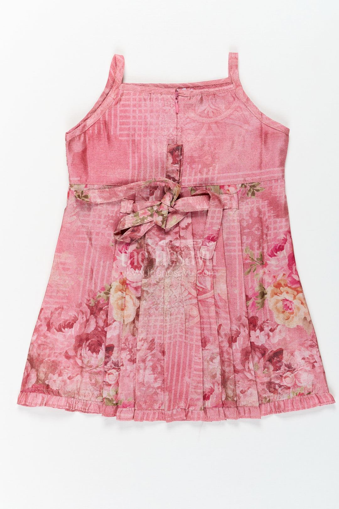 The Nesavu Baby Fancy Frock Baby Girls Outfits in Rose Print with Sequin Embroidered Yoke and Delicate Shoulder Straps Nesavu Nesavu Baby Outfits Rose Floral Dress with Gold Sequin Yoke and Soft Tissue Fabric for Girls