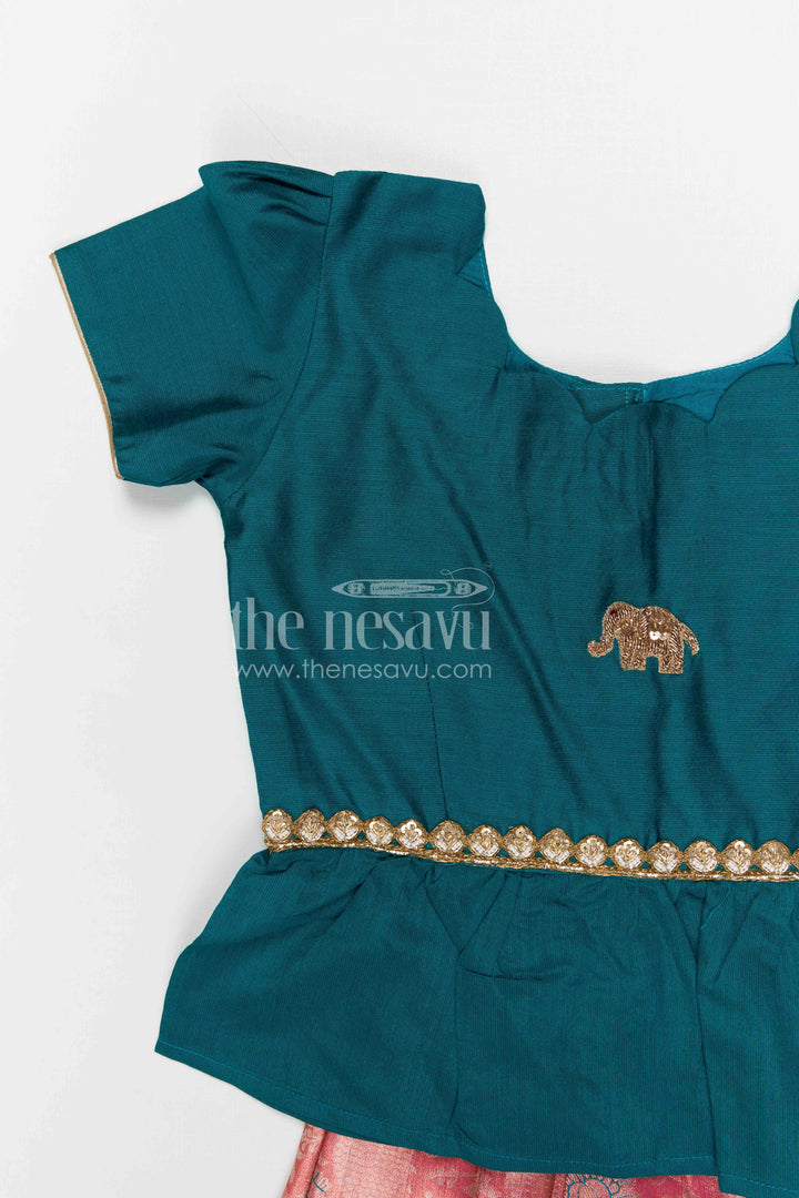 The Nesavu Pattu Pavadai Baby Girls Pattu Pavadai for Temple and Traditional Wear Nesavu 26 (6Y) / Green / Banarasi GPP378B-26 Nesavu baby girl pattu pavadai for festive occasions with semi banaras silk and comfortable traditional peplum design