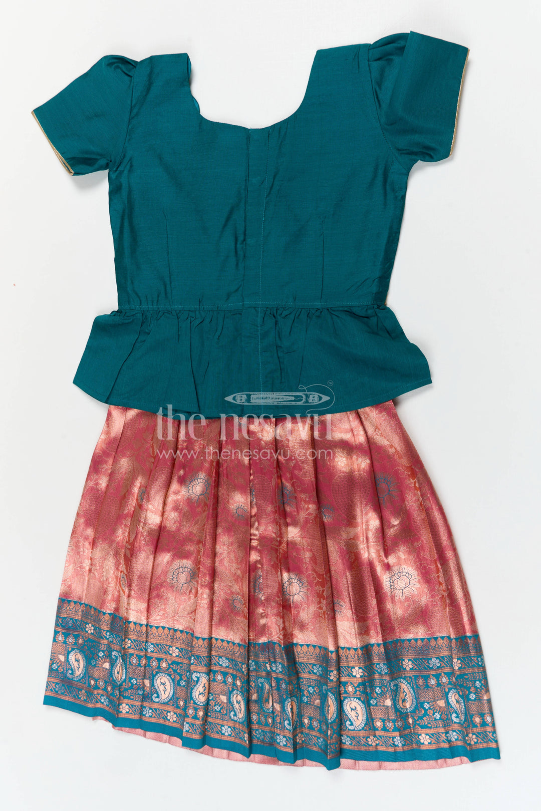 The Nesavu Pattu Pavadai Baby Girls Pattu Pavadai for Temple and Traditional Wear Nesavu 26 (6Y) / Green / Banarasi GPP378B-26 Nesavu baby girl pattu pavadai for festive occasions with semi banaras silk and comfortable traditional peplum design