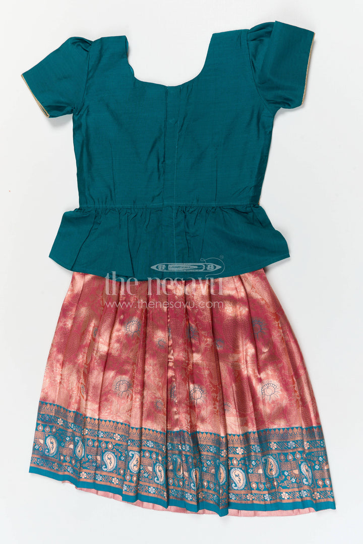 The Nesavu Pattu Pavadai Baby Girls Pattu Pavadai for Temple and Traditional Wear Nesavu 26 (6Y) / Green / Banarasi GPP378B-26 Nesavu baby girl pattu pavadai for festive occasions with semi banaras silk and comfortable traditional peplum design