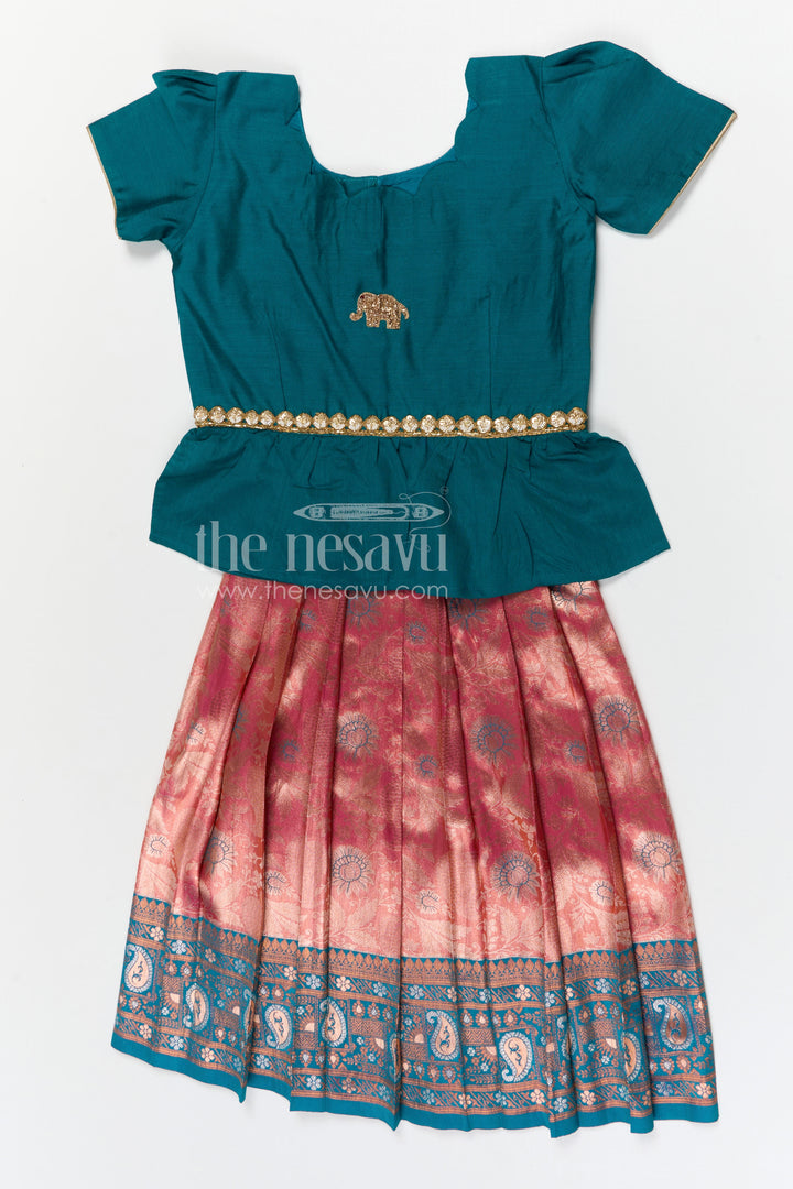 The Nesavu Pattu Pavadai Baby Girls Pattu Pavadai for Temple and Traditional Wear Nesavu 26 (6Y) / Green / Banarasi GPP378B-26 Nesavu baby girl pattu pavadai for festive occasions with semi banaras silk and comfortable traditional peplum design