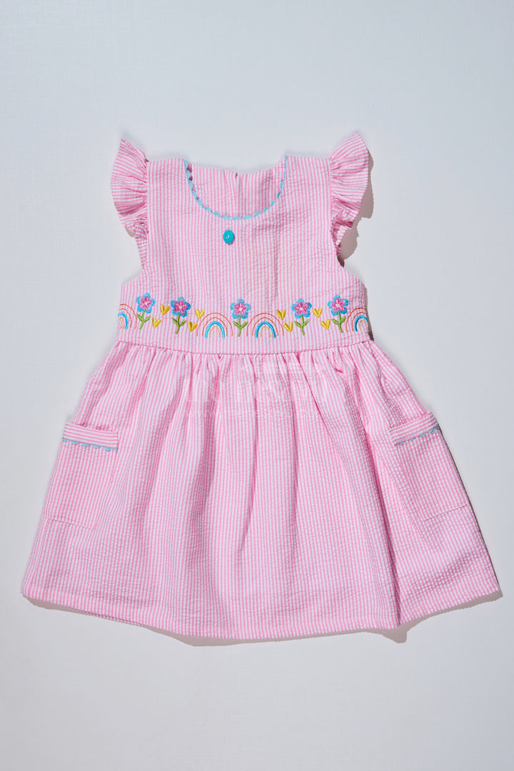 The Nesavu Baby Cotton Frocks Baby Girls Pink Colour Frock in Seer Sucker Cotton with Embroidery and Ruffled Sleeves Nesavu 14 (6M) / Pink BFJ717A-14 Nesavu Baby Girls Pink Colour Frock Seer Sucker Cotton Embroidery Ruffles