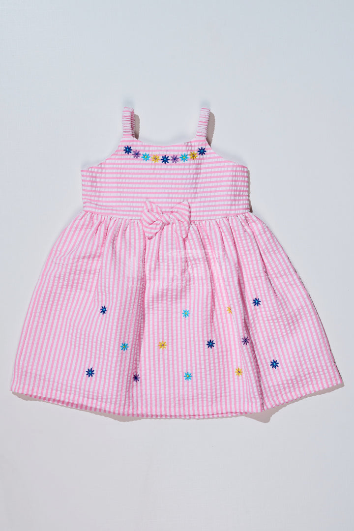 The Nesavu Baby Cotton Frocks Baby Girls Pink Cotton Frock in Seer Sucker Fabric with Floral Embroidery and Bow Accent Nesavu 14 (6M) / Pink BFJ722B-14 Nesavu Baby Girls Pink Cotton Frock Seer Sucker Fabric Floral Embroidery