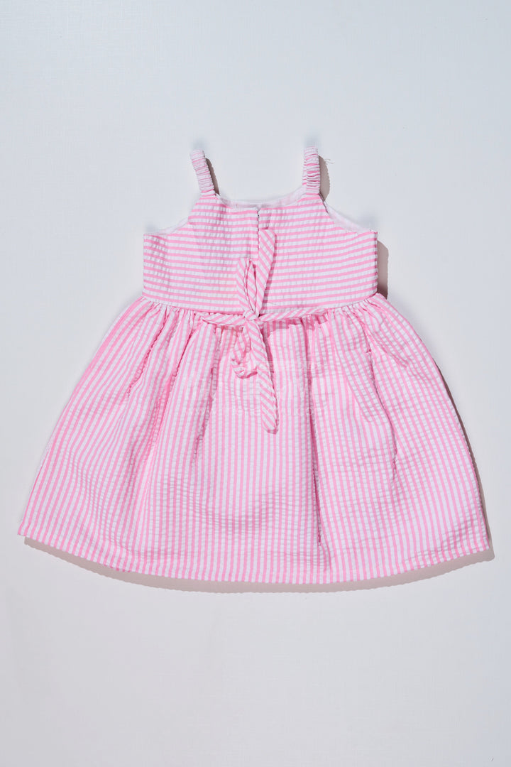 The Nesavu Baby Cotton Frocks Baby Girls Pink Cotton Frock in Seer Sucker Fabric with Floral Embroidery and Bow Accent Nesavu Nesavu Baby Girls Pink Cotton Frock Seer Sucker Fabric Floral Embroidery