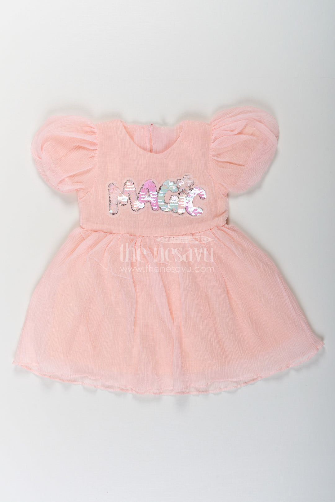 The Nesavu Baby Fancy Frock Baby Girls Pink Floral Frock in Chinon Chiffon with Sequin Embroidery and Puff Sleeves Nesavu 14 (6M) / Peach BFJ758D-14 Nesavu Baby Girls Pink Floral Frock Chinon Chiffon Magic Sequin Embroidery