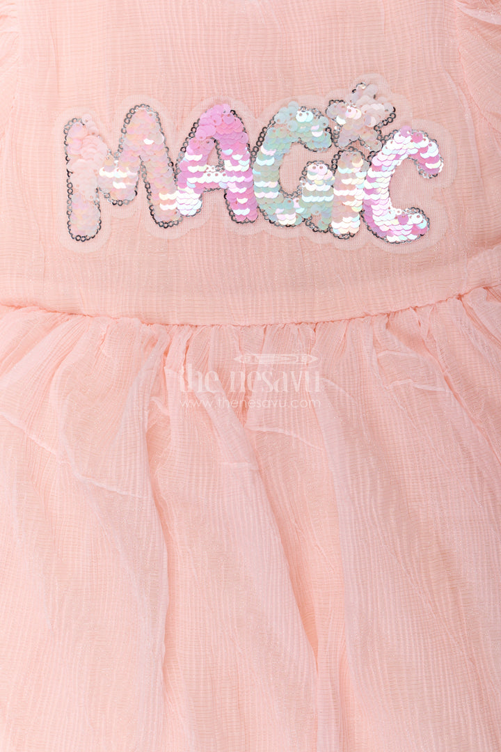 The Nesavu Baby Fancy Frock Baby Girls Pink Floral Frock in Chinon Chiffon with Sequin Embroidery and Puff Sleeves Nesavu Nesavu Baby Girls Pink Floral Frock Chinon Chiffon Magic Sequin Embroidery