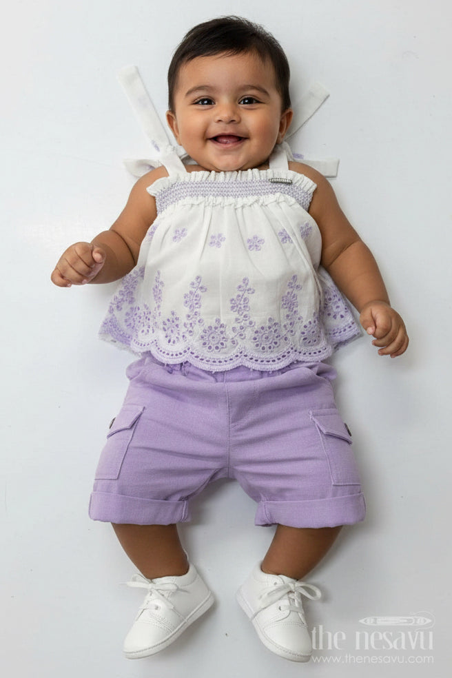 The Nesavu Baby Cotton Frocks Baby Girls Purple Cotton Tie Up Frock with Hakoba Embroidered Sleeveless Top and Matching Shorts Nesavu 18 (2Y) / Purple BFJ762B-18 Baby Girls Purple Cotton Tie Up Frock Hakoba Embroidered Sleeveless Top Shorts | The Nesavu