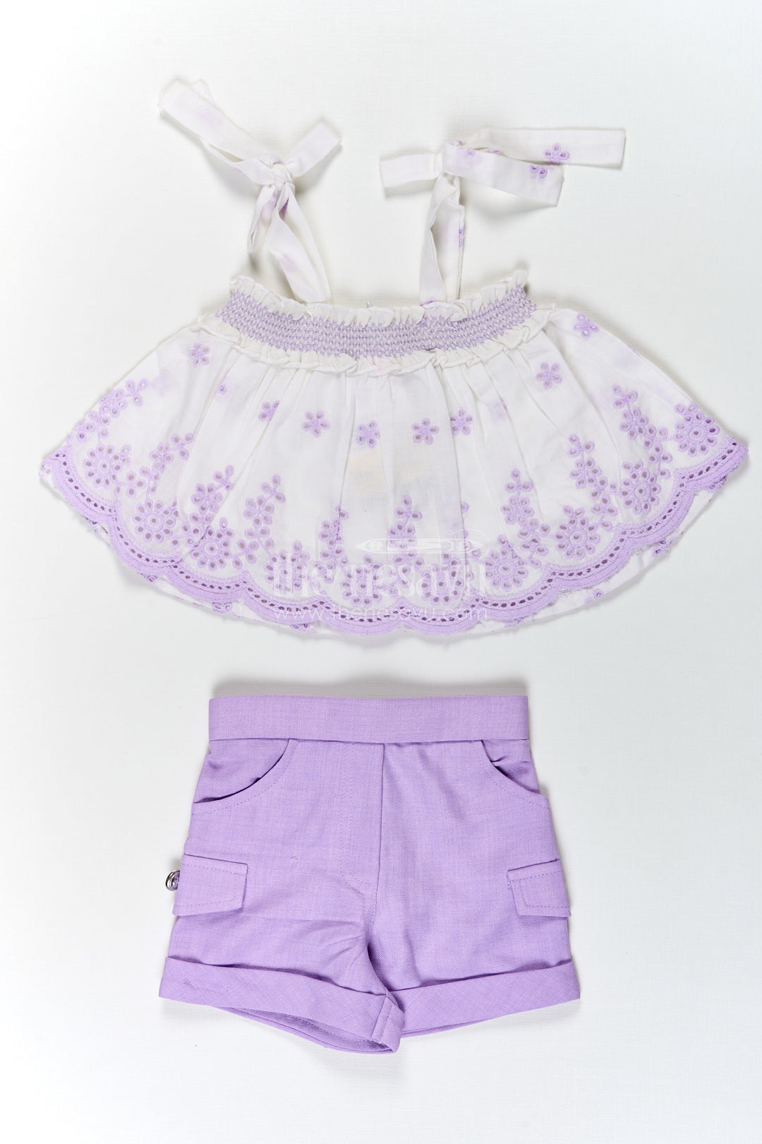 The Nesavu Baby Cotton Frocks Baby Girls Purple Cotton Tie Up Frock with Hakoba Embroidered Sleeveless Top and Matching Shorts Nesavu 18 (2Y) / Purple BFJ762B-18 Nesavu Baby Girls Purple Cotton Tie Up Frock Hakoba Embroidered Sleeveless Top Shorts