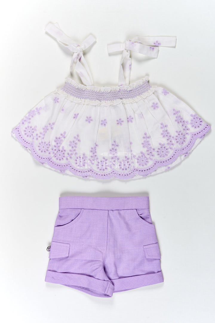 The Nesavu Baby Cotton Frocks Baby Girls Purple Cotton Tie Up Frock with Hakoba Embroidered Sleeveless Top and Matching Shorts Nesavu 18 (2Y) / Purple BFJ762B-18 Nesavu Baby Girls Purple Cotton Tie Up Frock Hakoba Embroidered Sleeveless Top Shorts