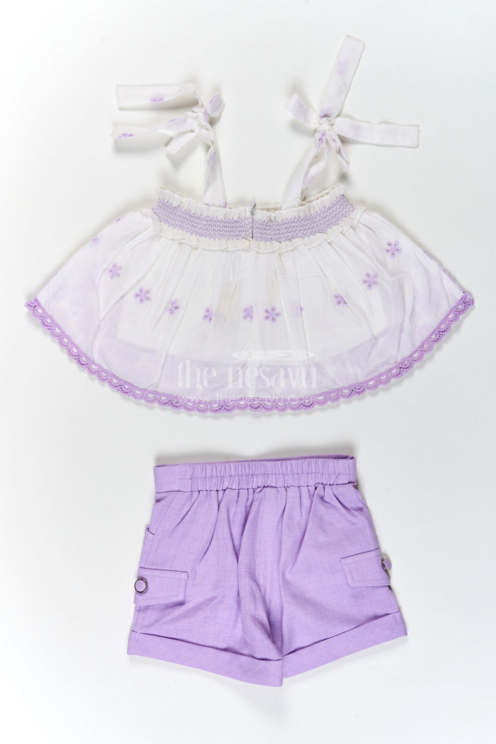 The Nesavu Baby Cotton Frocks Baby Girls Purple Cotton Tie Up Frock with Hakoba Embroidered Sleeveless Top and Matching Shorts Nesavu Nesavu Baby Girls Purple Cotton Tie Up Frock Hakoba Embroidered Sleeveless Top Shorts
