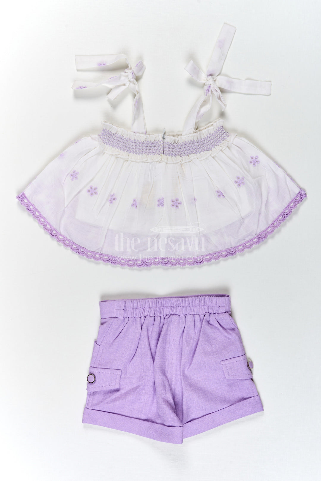 The Nesavu Baby Cotton Frocks Baby Girls Purple Cotton Tie Up Frock with Hakoba Embroidered Sleeveless Top and Matching Shorts Nesavu Nesavu Baby Girls Purple Cotton Tie Up Frock Hakoba Embroidered Sleeveless Top Shorts