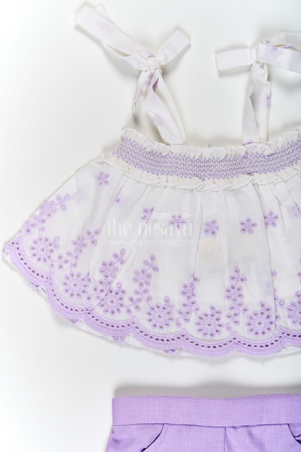 The Nesavu Baby Cotton Frocks Baby Girls Purple Cotton Tie Up Frock with Hakoba Embroidered Sleeveless Top and Matching Shorts Nesavu Nesavu Baby Girls Purple Cotton Tie Up Frock Hakoba Embroidered Sleeveless Top Shorts