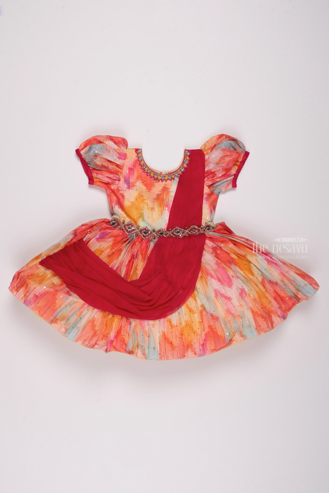 The Nesavu Girls Fancy Party Frock Baby Girls' Radiance: Zari-Embellished Tie-Dye Festive Gown with Flowing Dupatta Nesavu 18 (2Y) / Multi color / Organza PF135A-18 Trendy children's party dresses | Girls evening dresses | The Nesavu