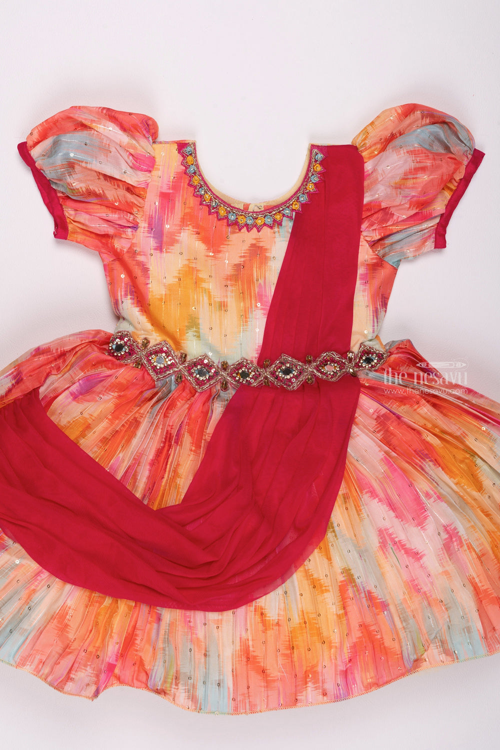 The Nesavu Girls Fancy Party Frock Baby Girls' Radiance: Zari-Embellished Tie-Dye Festive Gown with Flowing Dupatta Nesavu Trendy children's party dresses | Girls evening dresses | The Nesavu
