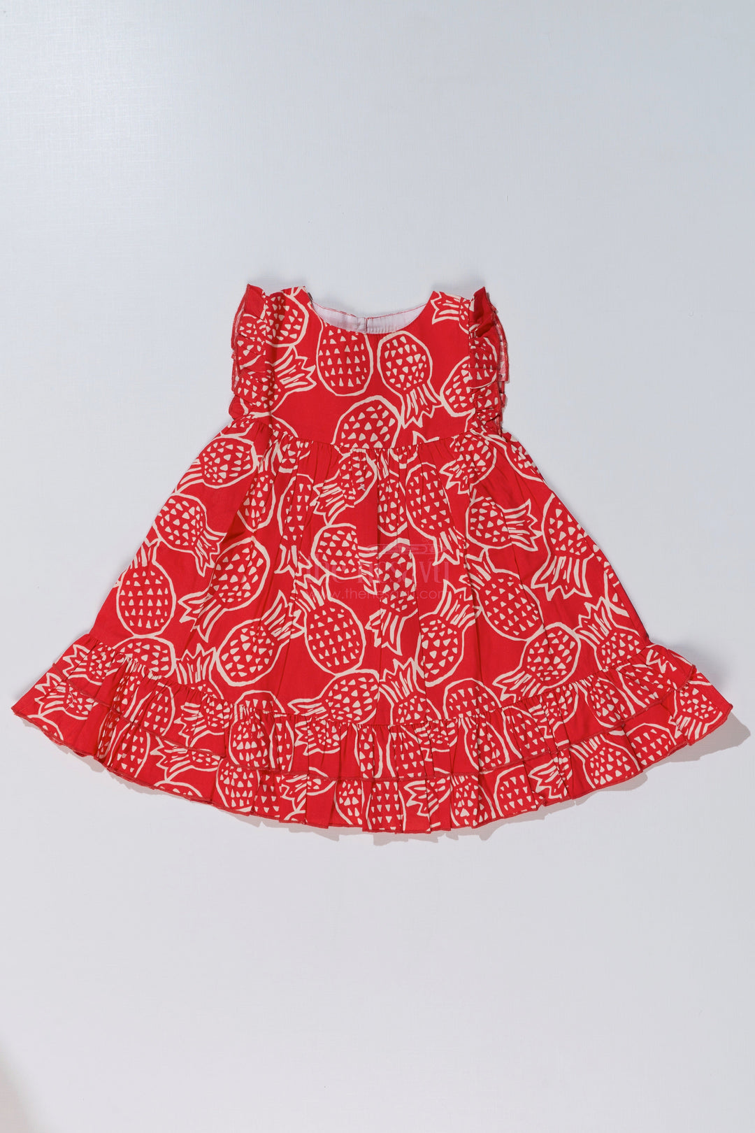 The Nesavu Baby Cotton Frocks Baby Girls Red Short Frock with Playful Printed Design and Ruffled Hem for Everyday Comfort Nesavu 12 (3M) / Red BFJ734A-12 Nesavu Baby Girls Red Short Frock Playful Print Ruffled Hem Casual Wear